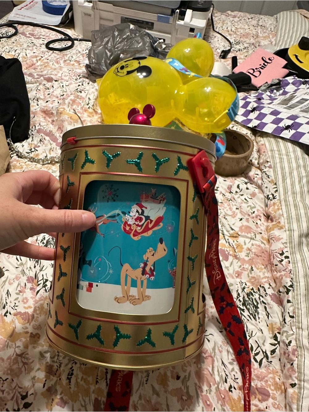 Disney Gold Holiday Popcorn Bucket with Red Strap and Teal Accents